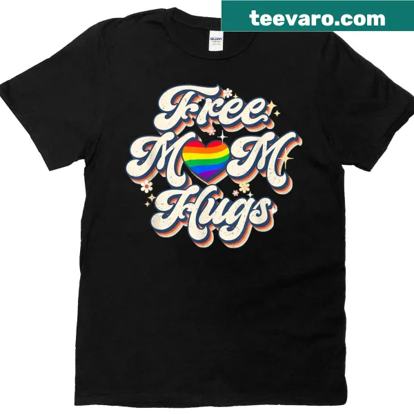Retro rainbow heart with 'Free Mom Hugs' graphic on pride t-shirt for moms