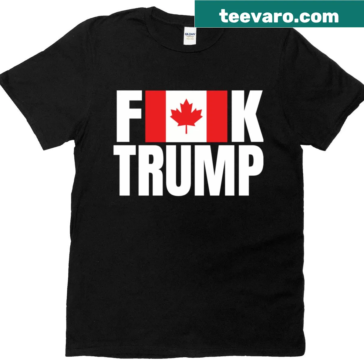 Shirt featuring Canadian flag and bold text against Trump — on a men's t-shirt