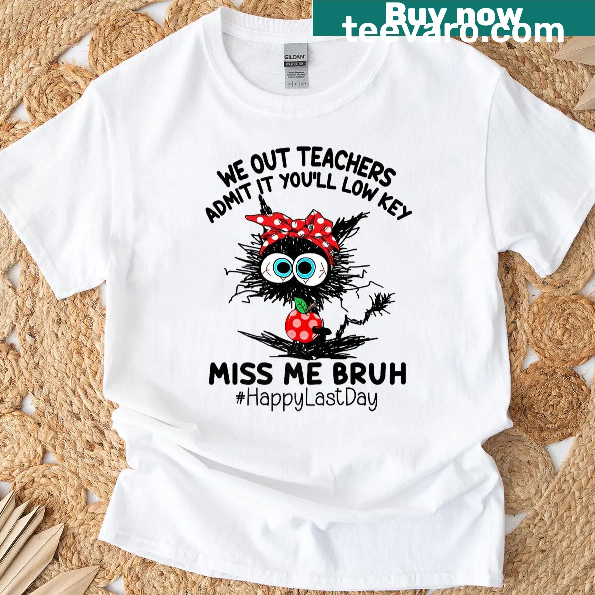 Funny black cat teacher shirt with humorous text. — on a men's t-shirt