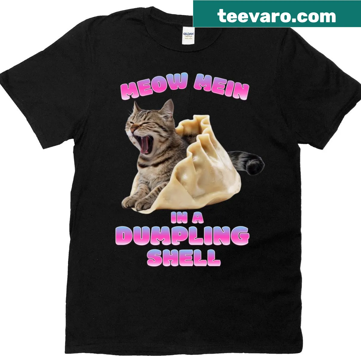 Cartoon shirt featuring a cat inside a dumpling shell — on a men's t-shirt