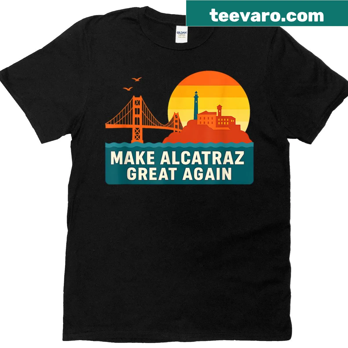 Funny Alcatraz graphic t-shirt with a humorous twist — on a men's t-shirt