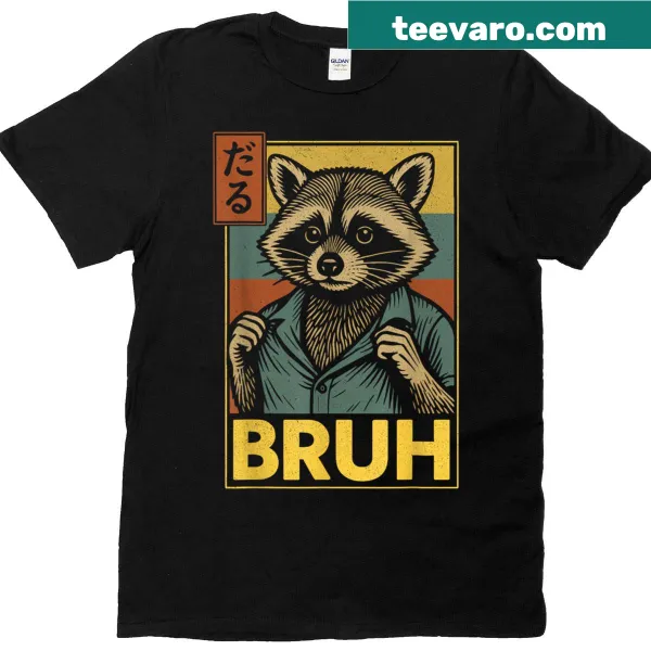 Cartoon T-shirt featuring a raccoon and 'Bruh' meme slogan