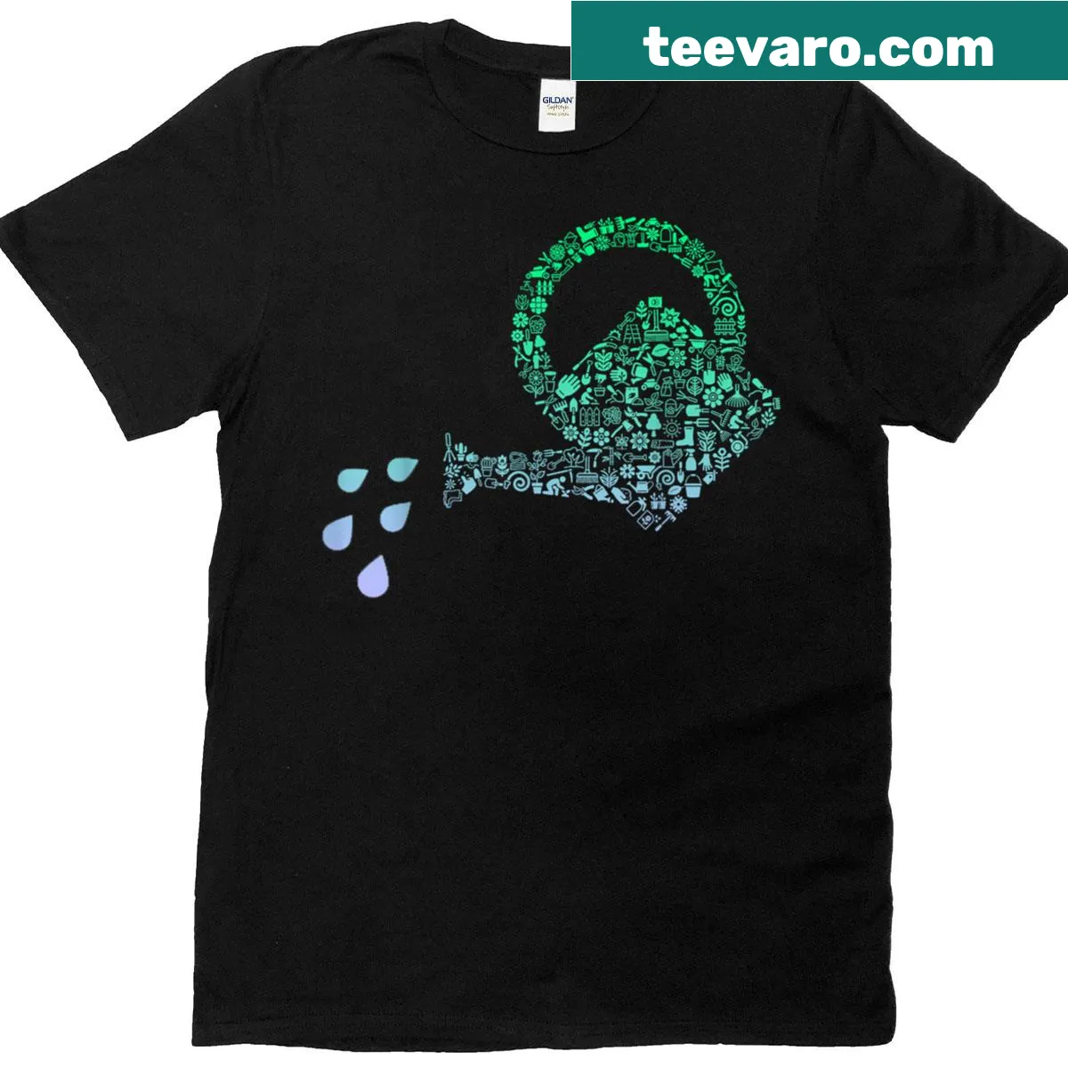 T-shirt featuring a whimsical watering can design for gardeners — on a men's t-shirt
