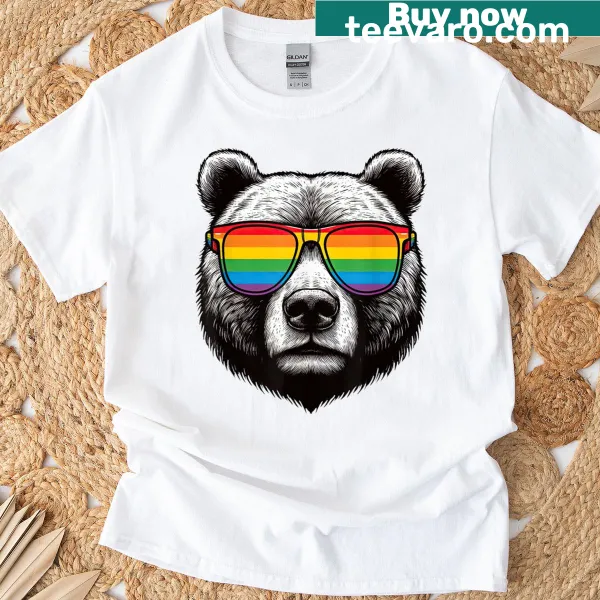 Rainbow sunglasses bear graphic on Gay Bear T-shirt.