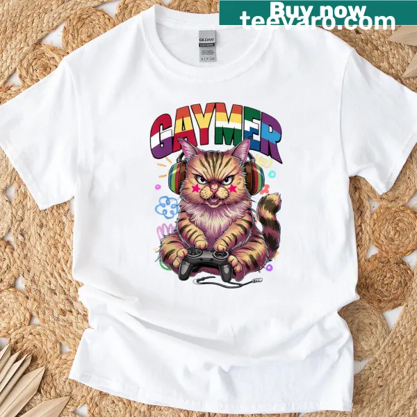 Rainbow cat graphic on Gaymer LGBTQ T-shirt.