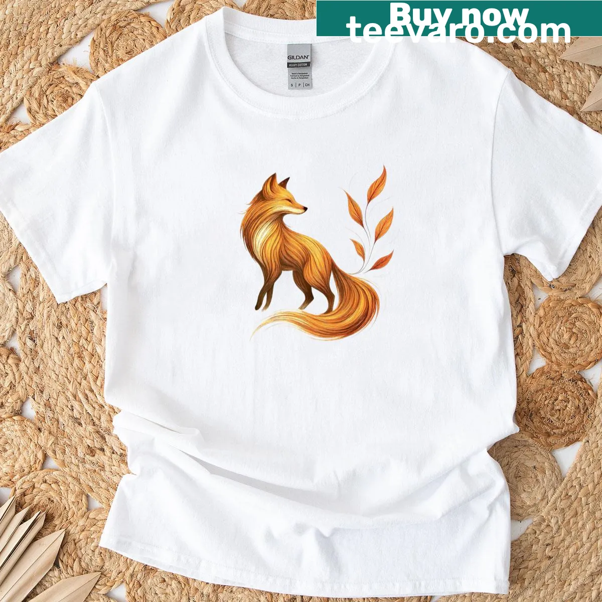 Minimalist T-shirt with a line-art illustration of a fox and leaves for nature lovers. — on a men's t-shirt