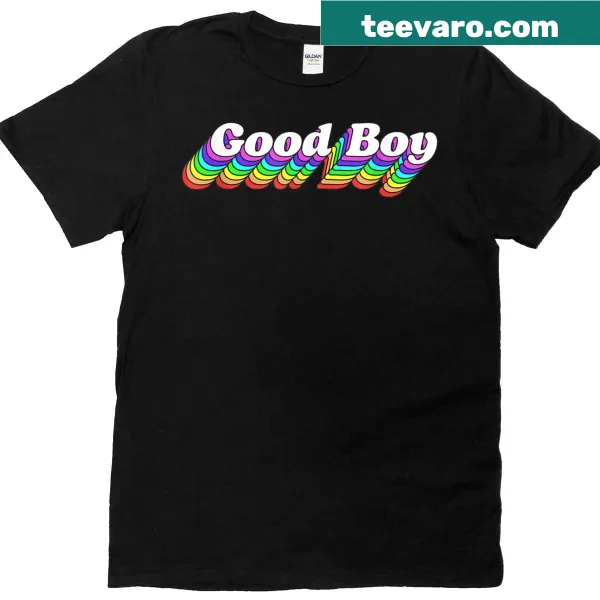 Retro-style t-shirt featuring 'Good Boy' with rainbow graphics