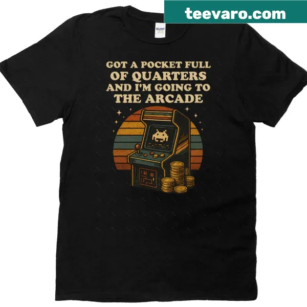 Oversized t-shirt with arcade-themed illustration and text about quarters