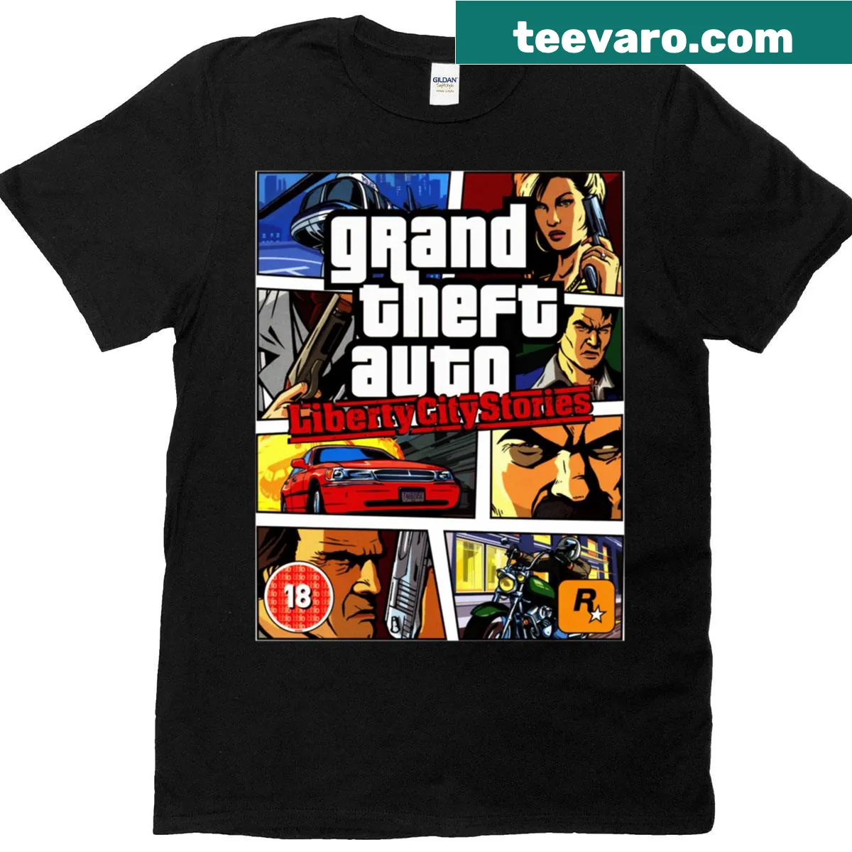 Oversized t-shirt featuring retro video game case art for Grand Theft Liberty — on a men's t-shirt