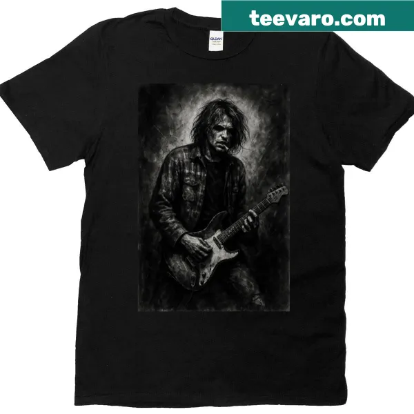 Grunge style T-shirt featuring bold music-related graphics