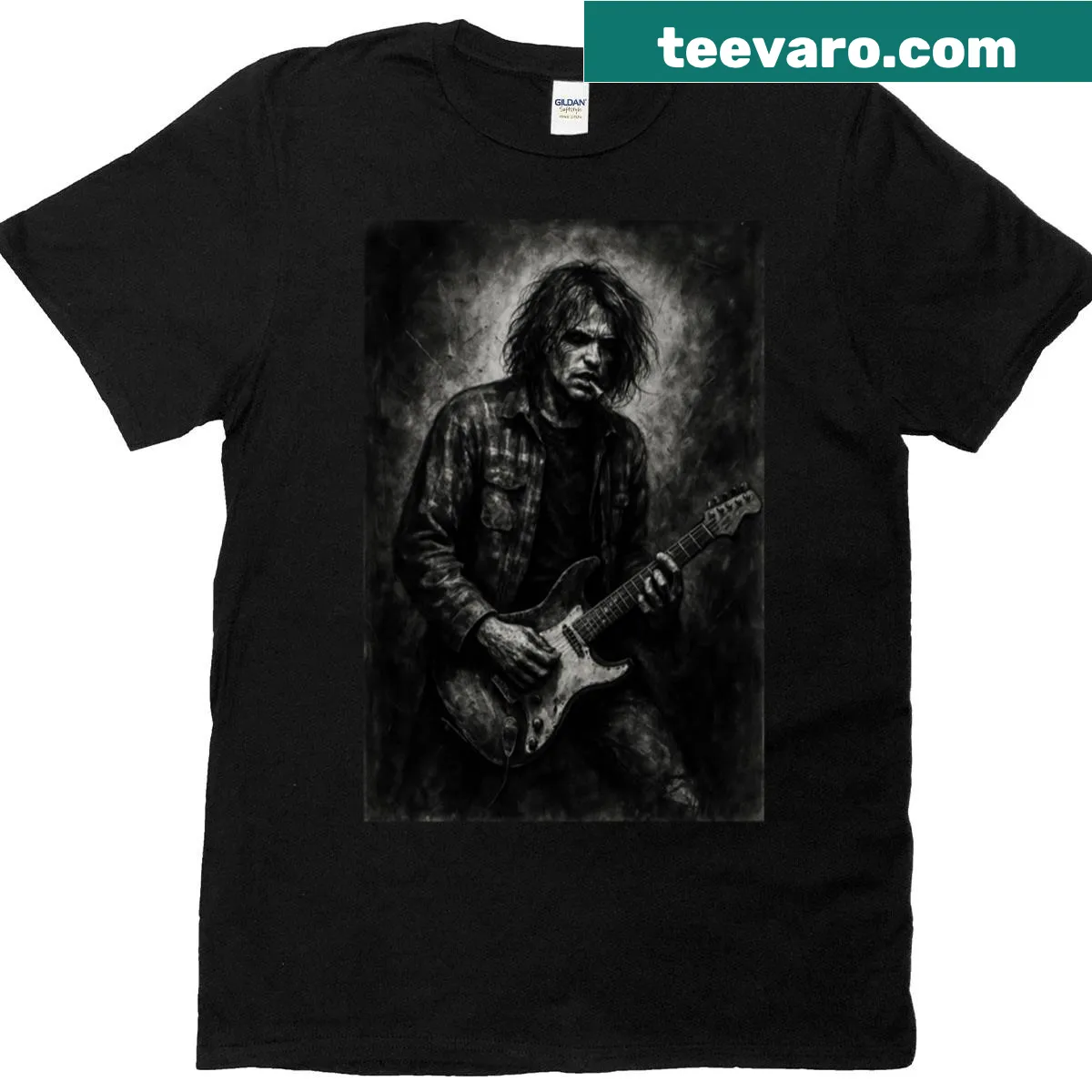 Grunge style T-shirt featuring bold music-related graphics — on a men's t-shirt