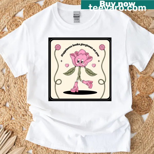 Uplifting T-shirt with a charming illustration promoting happiness