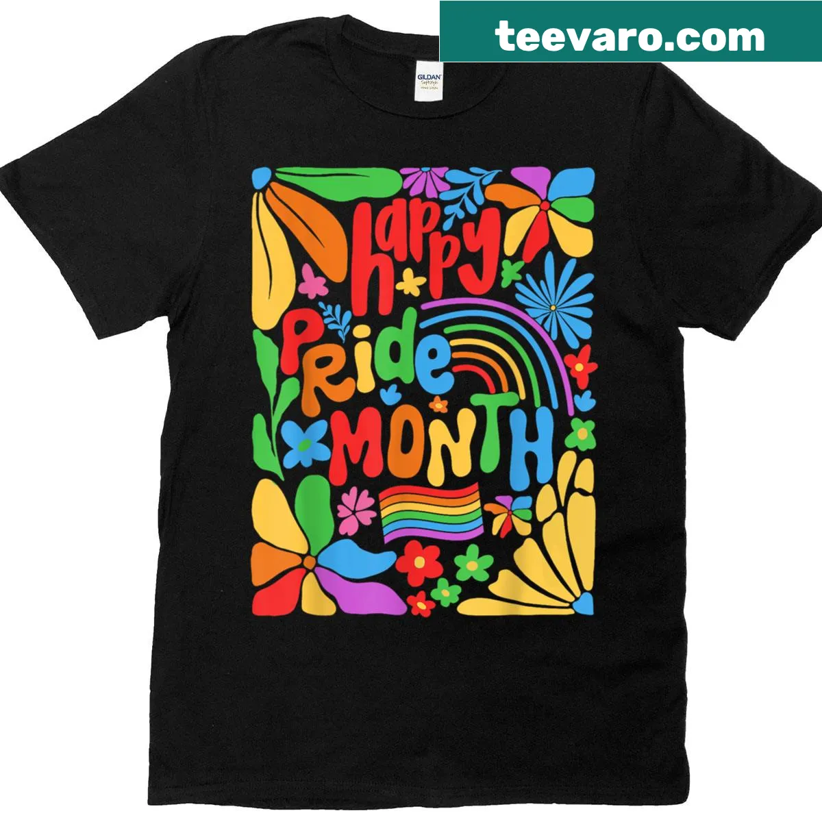 Retro T-shirt featuring boho flowers and rainbow for Pride Month — on a men's t-shirt