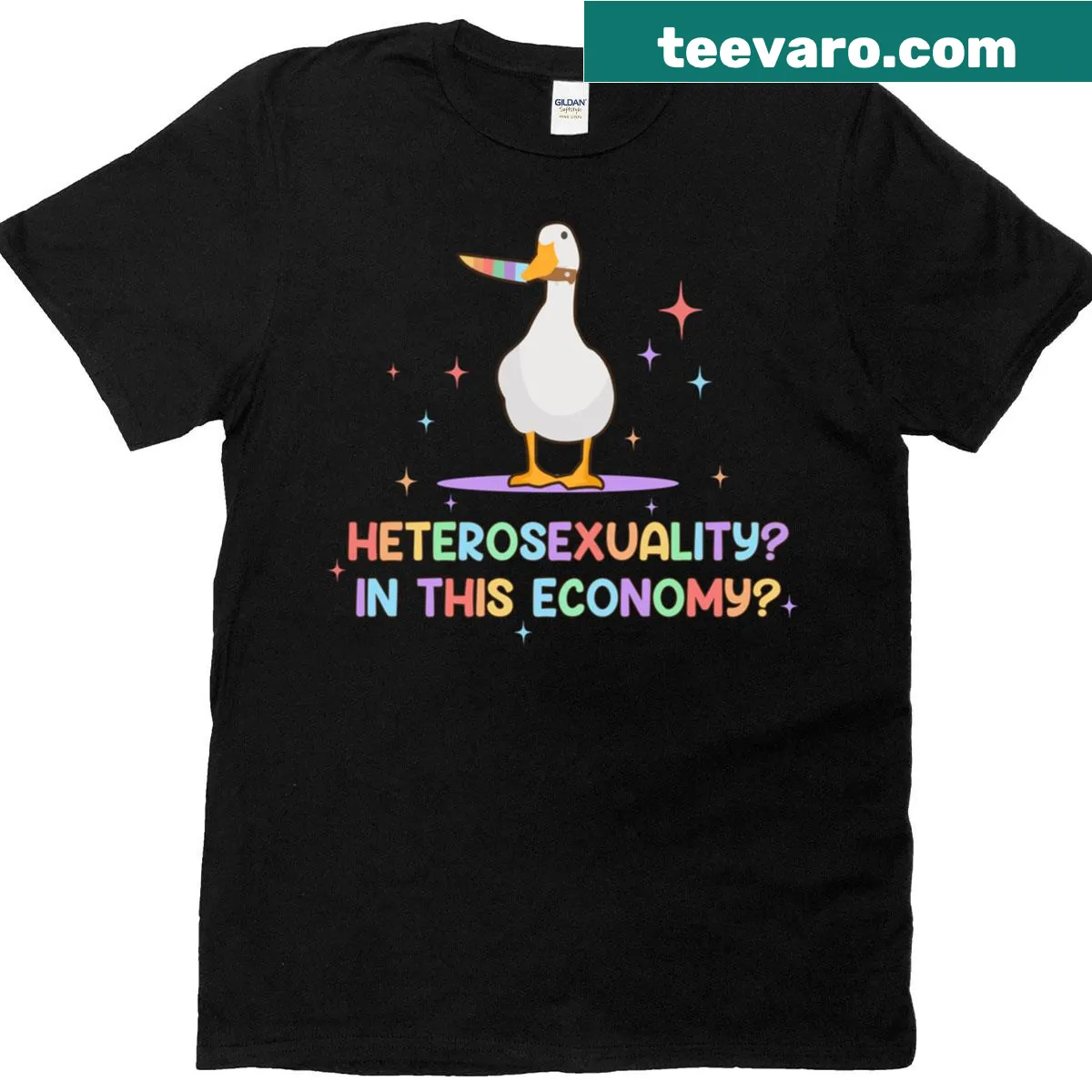 Sarcastic t-shirt featuring a goose and LGBTQ message — on a men's t-shirt
