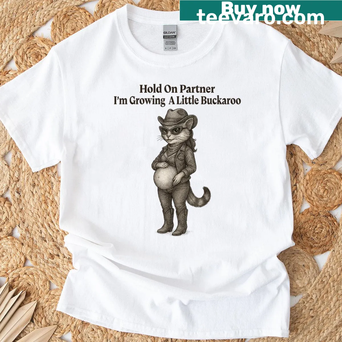 Funny cowboy cat graphic T-shirt with humorous text. — on a men's t-shirt