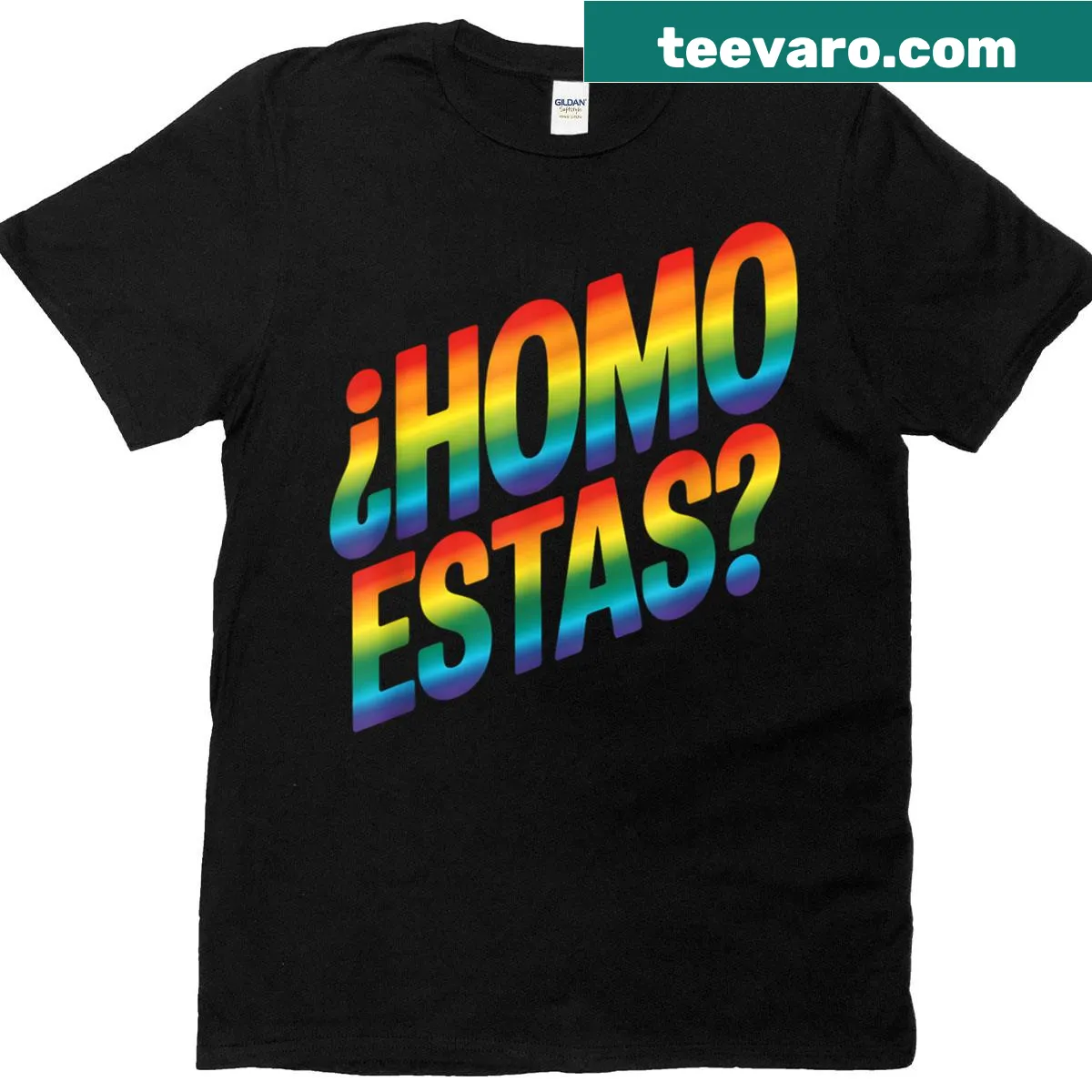 Funny 'Homo Estas' graphic on a pride-themed ally T-shirt — on a men's t-shirt