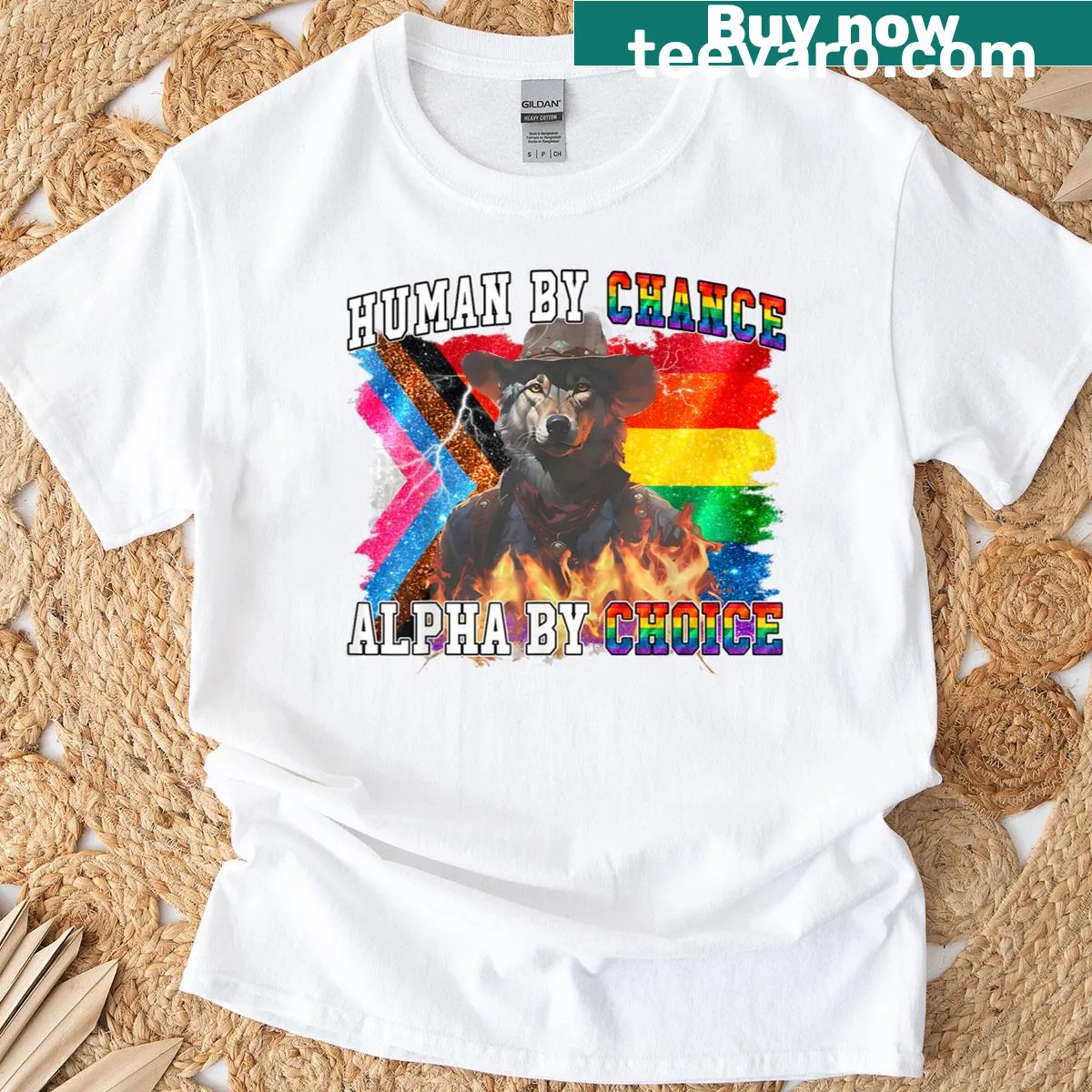 Funny wolf meme T-shirt with humorous text about identity — on a men's t-shirt