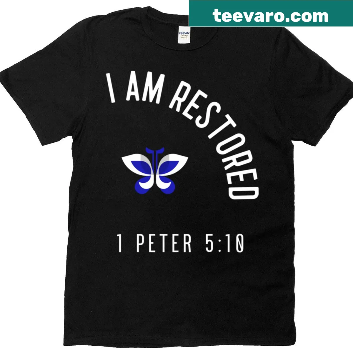 Inspirational T-shirt featuring a blue butterfly illustration — on a men's t-shirt