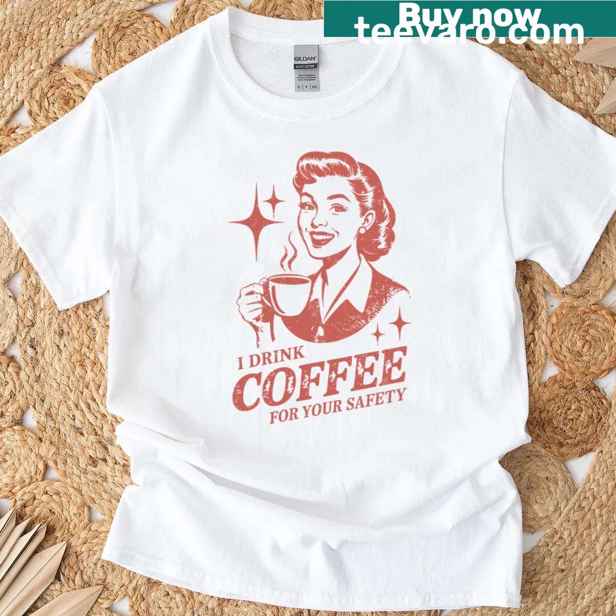 Funny retro t-shirt with text about coffee safety, ideal for coffee lovers. — on a men's t-shirt