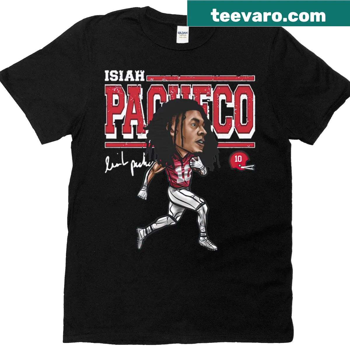 Cartoon T-shirt featuring Isiah Pacheco from Kansas City — on a men's t-shirt