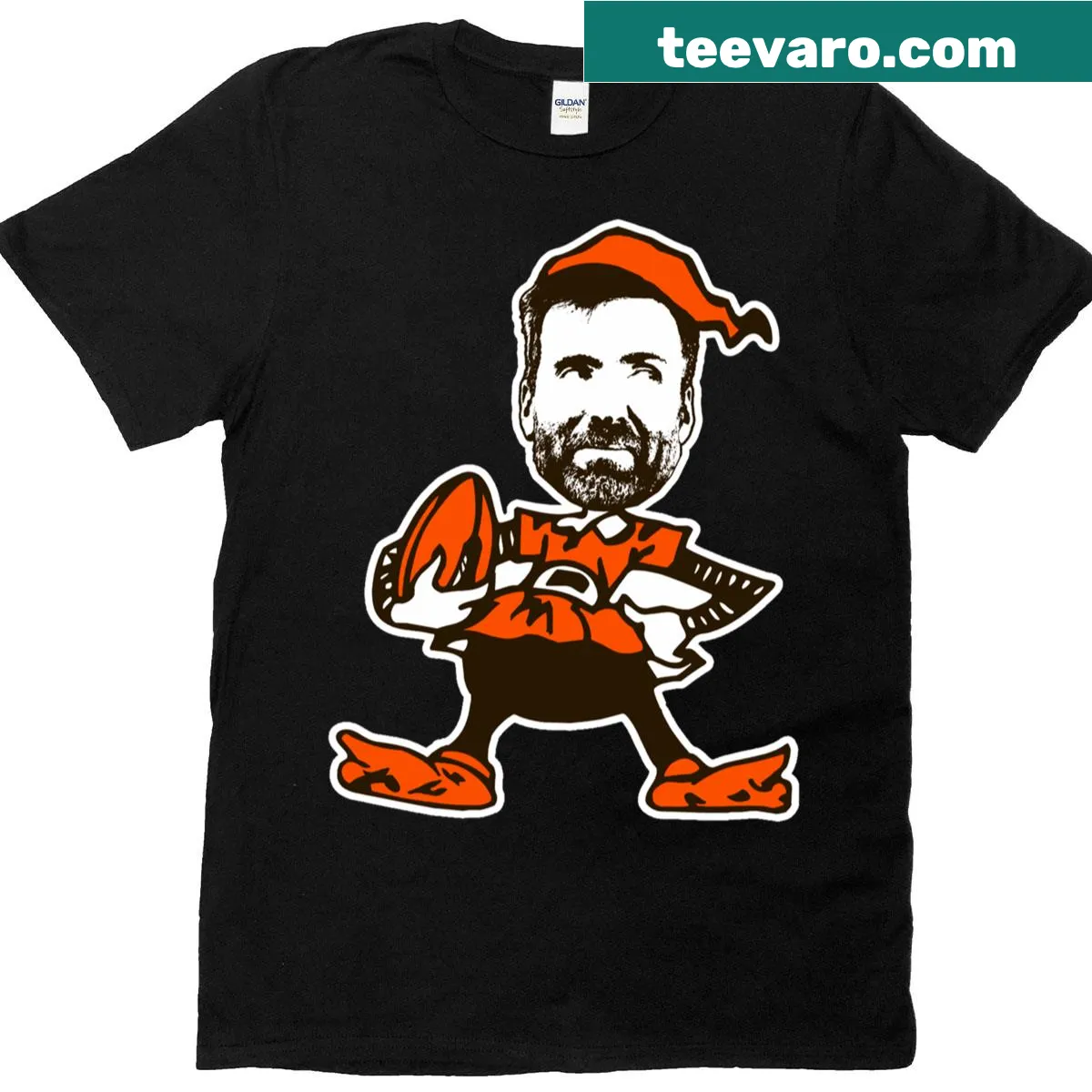 T-shirt featuring Joe Flacco and a playful Browns Elf illustration — on a men's t-shirt