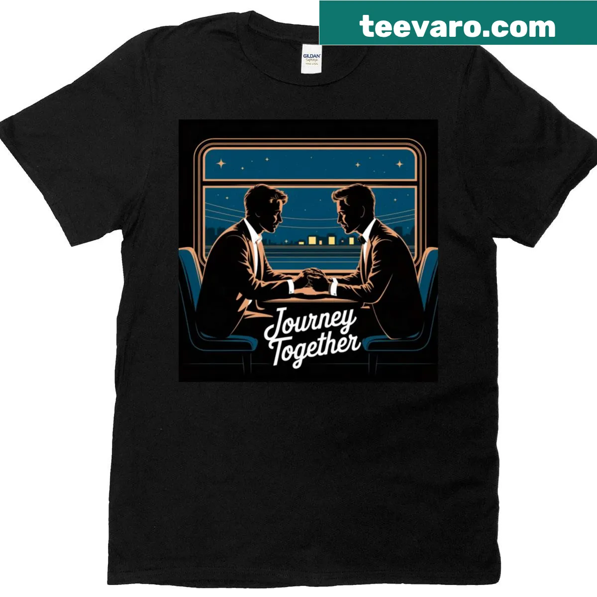 Minimalist train art romantic couple t-shirt — on a men's t-shirt