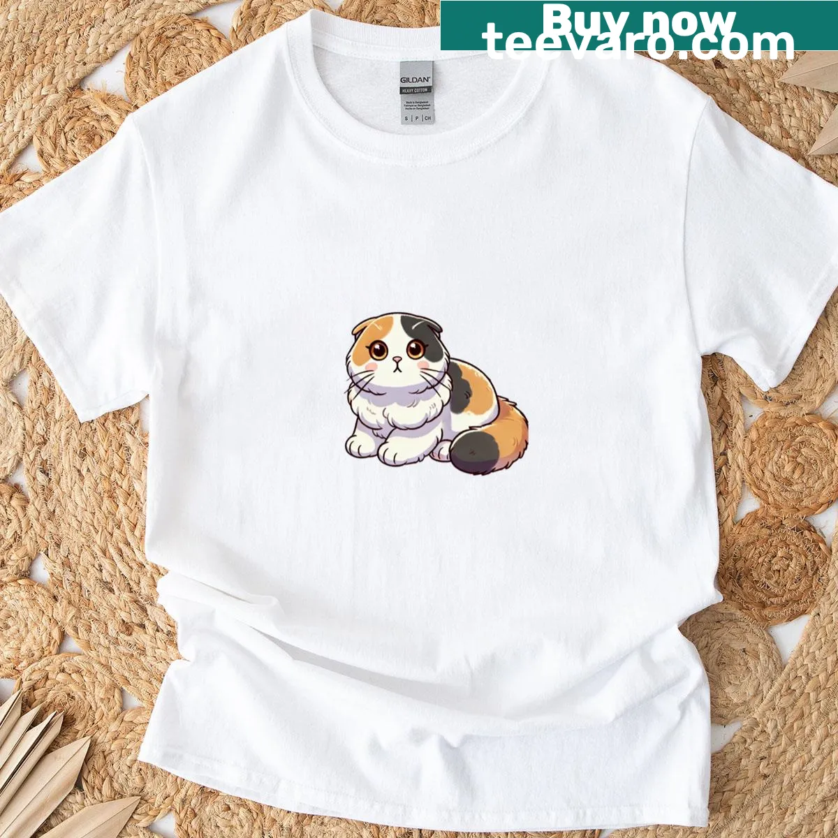 Cute calico Scottish Fold cat graphic on T-shirt — on a men's t-shirt