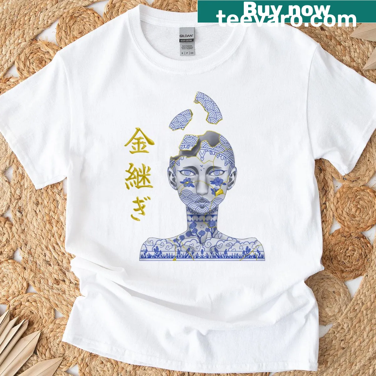 Elegant design inspired by Kintsugi art with gold accents — on a men's t-shirt
