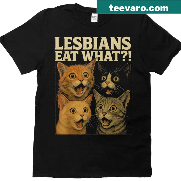 Funny collage of scared cats with humorous text about lesbians.