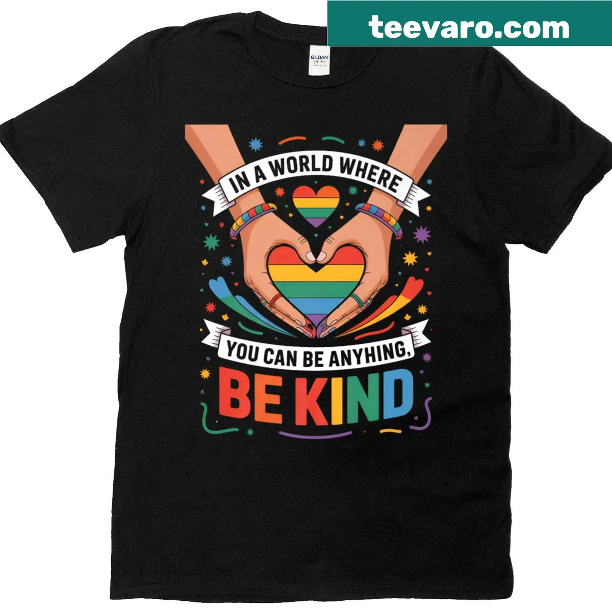 T-shirt promoting kindness and equality with 'Be Kind' for LGBTQ+ rights — on a men's t-shirt