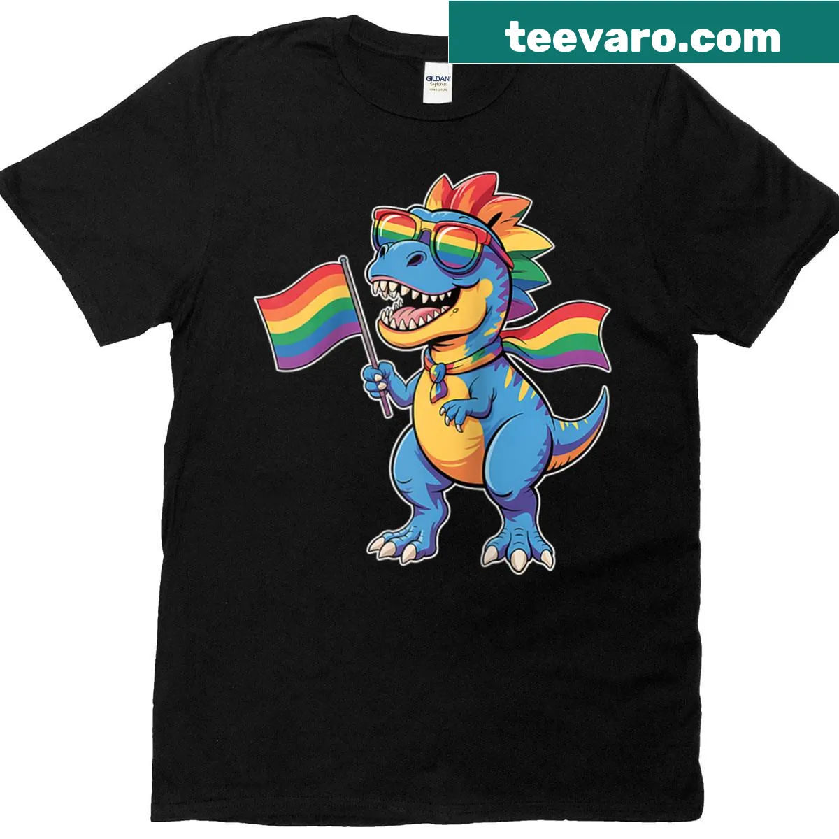Raglan baseball tee with a T-rex holding a rainbow flag for LGBTQ+ pride — on a men's t-shirt