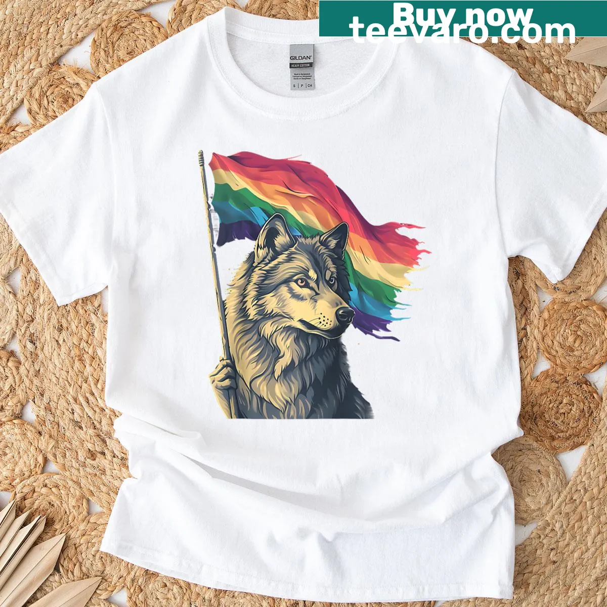 Raglan baseball tee featuring a wolf graphic with rainbow flag for Pride Month — on a men's t-shirt