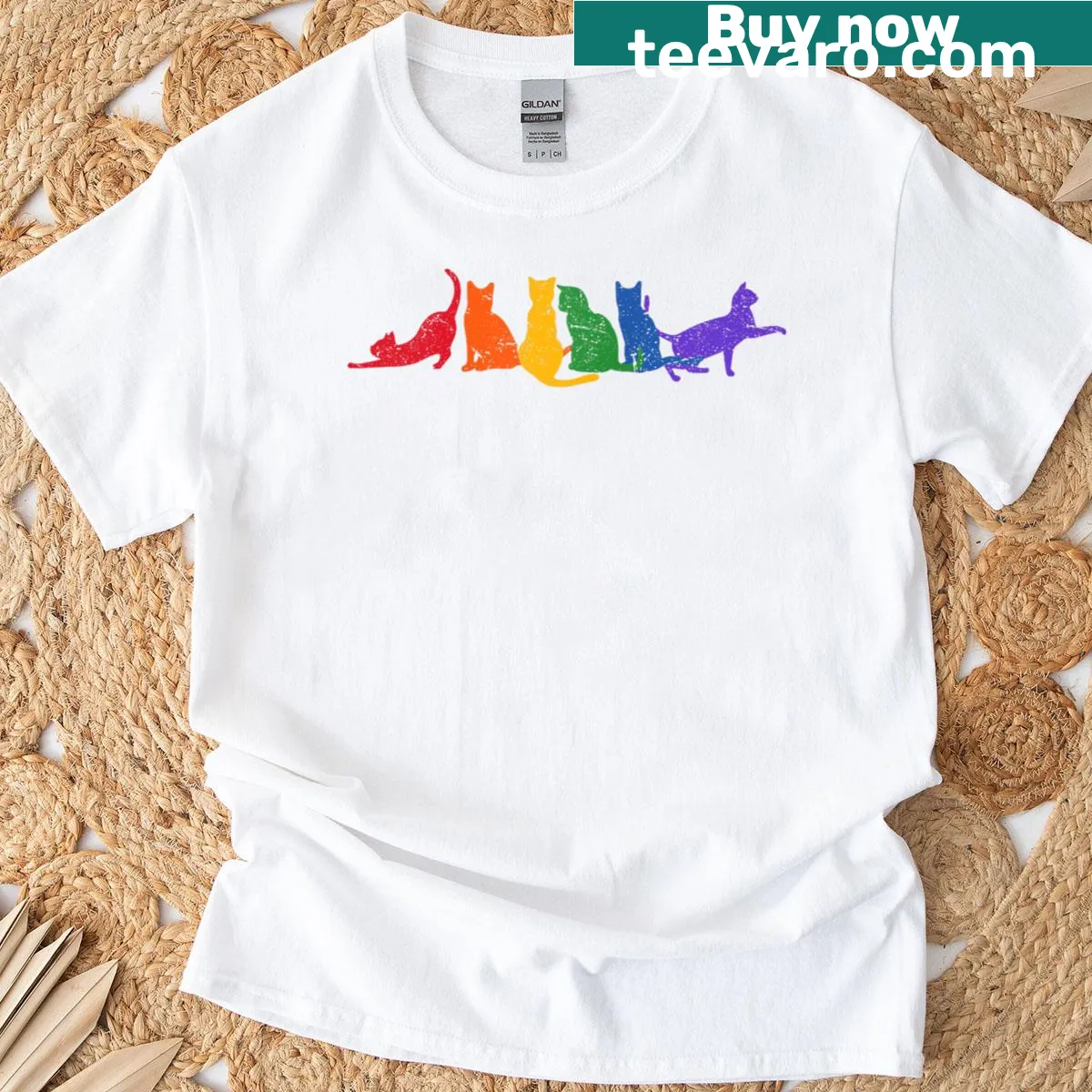 Illustrated cats in rainbow colors raglan baseball tee for pride — on a men's t-shirt