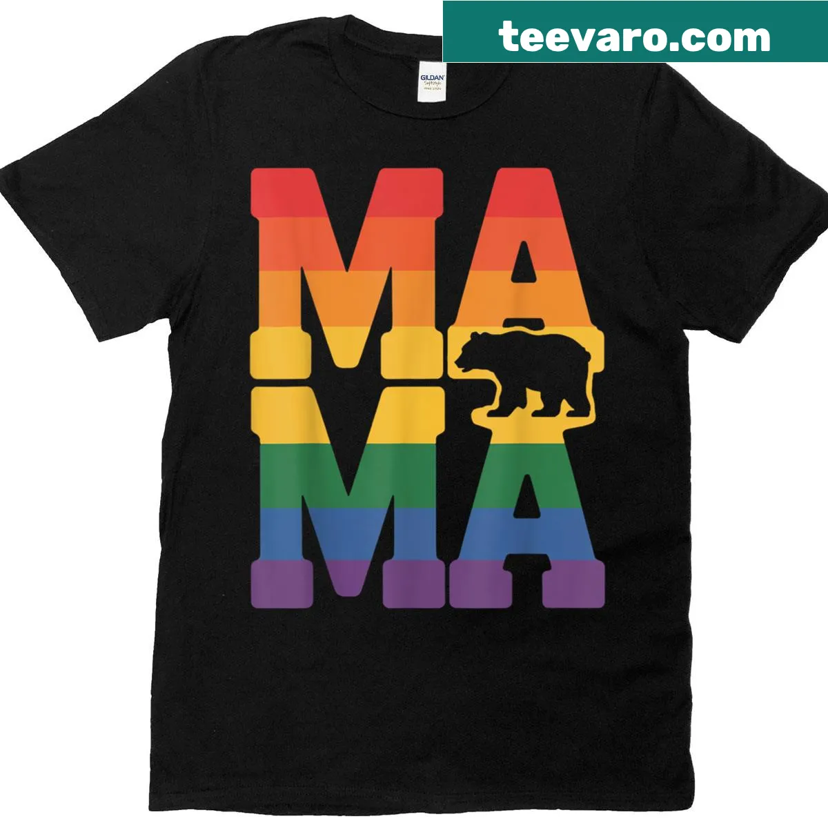 Mama Bear graphic with rainbow flag on T-shirt for LGBTQ+ pride — on a men's t-shirt