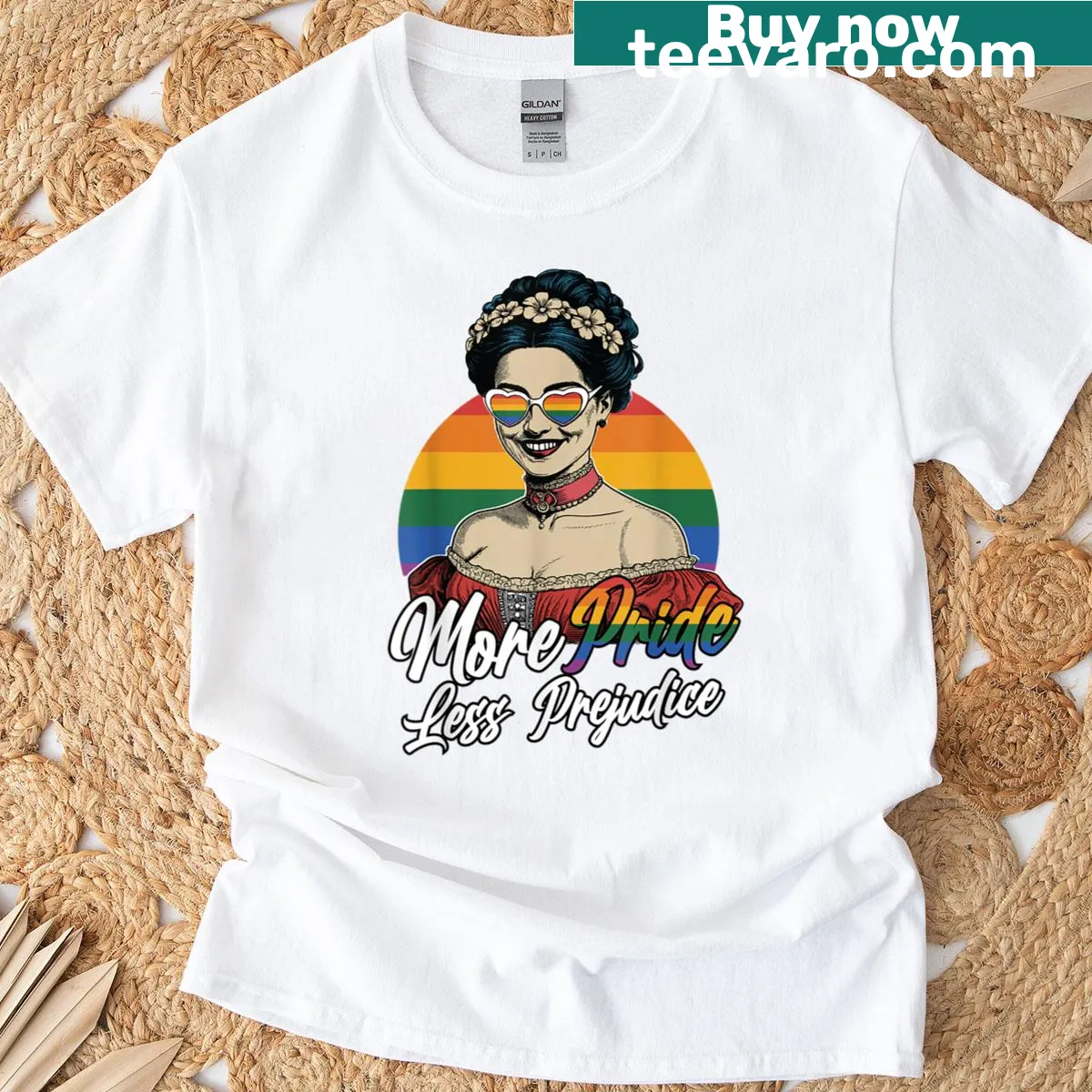 Retro LGBT flag t-shirt with More Pride Less Prejudice text — on a men's t-shirt