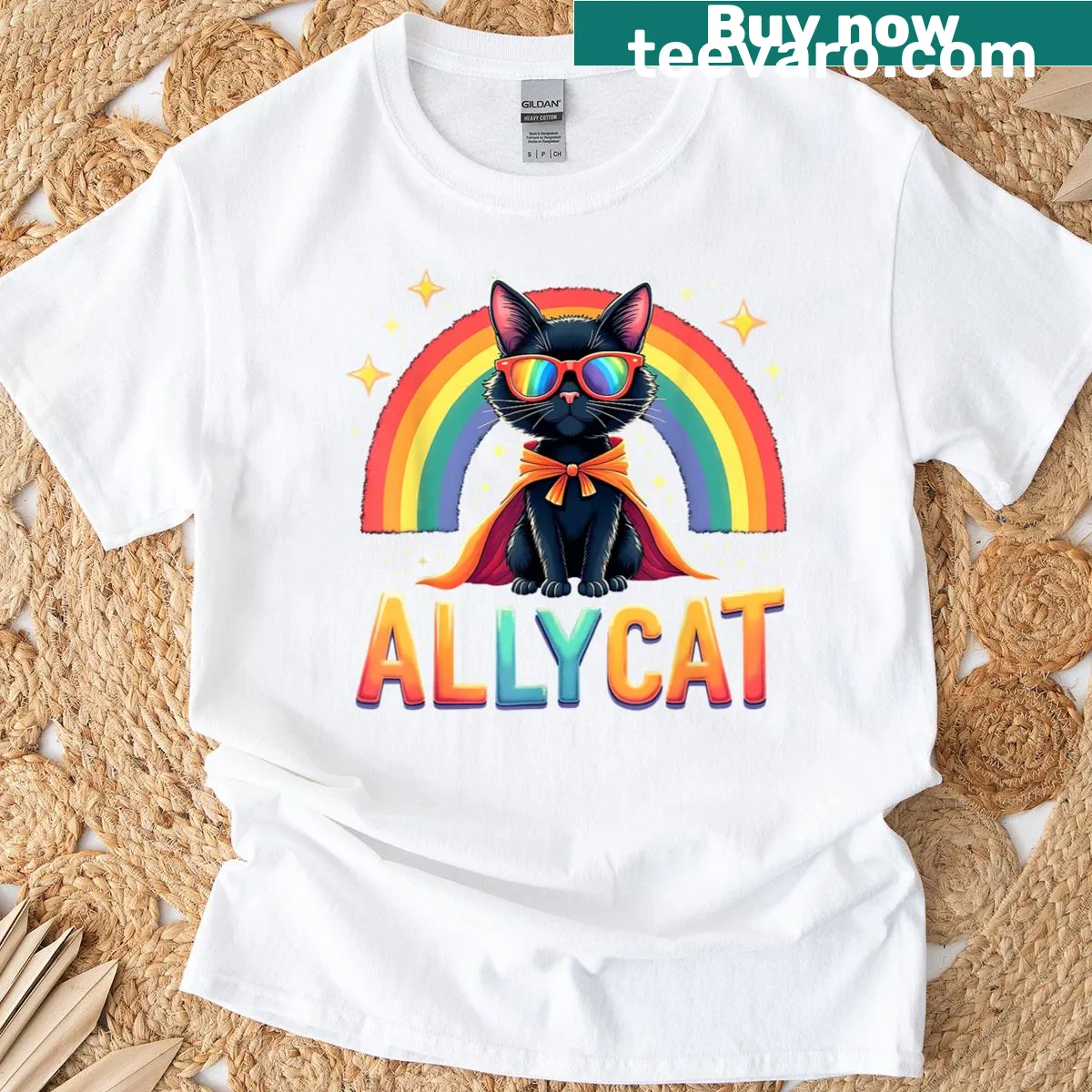 Cute retro-style t-shirt with a cat and rainbow design for LGBTQ ally pride — on a men's t-shirt