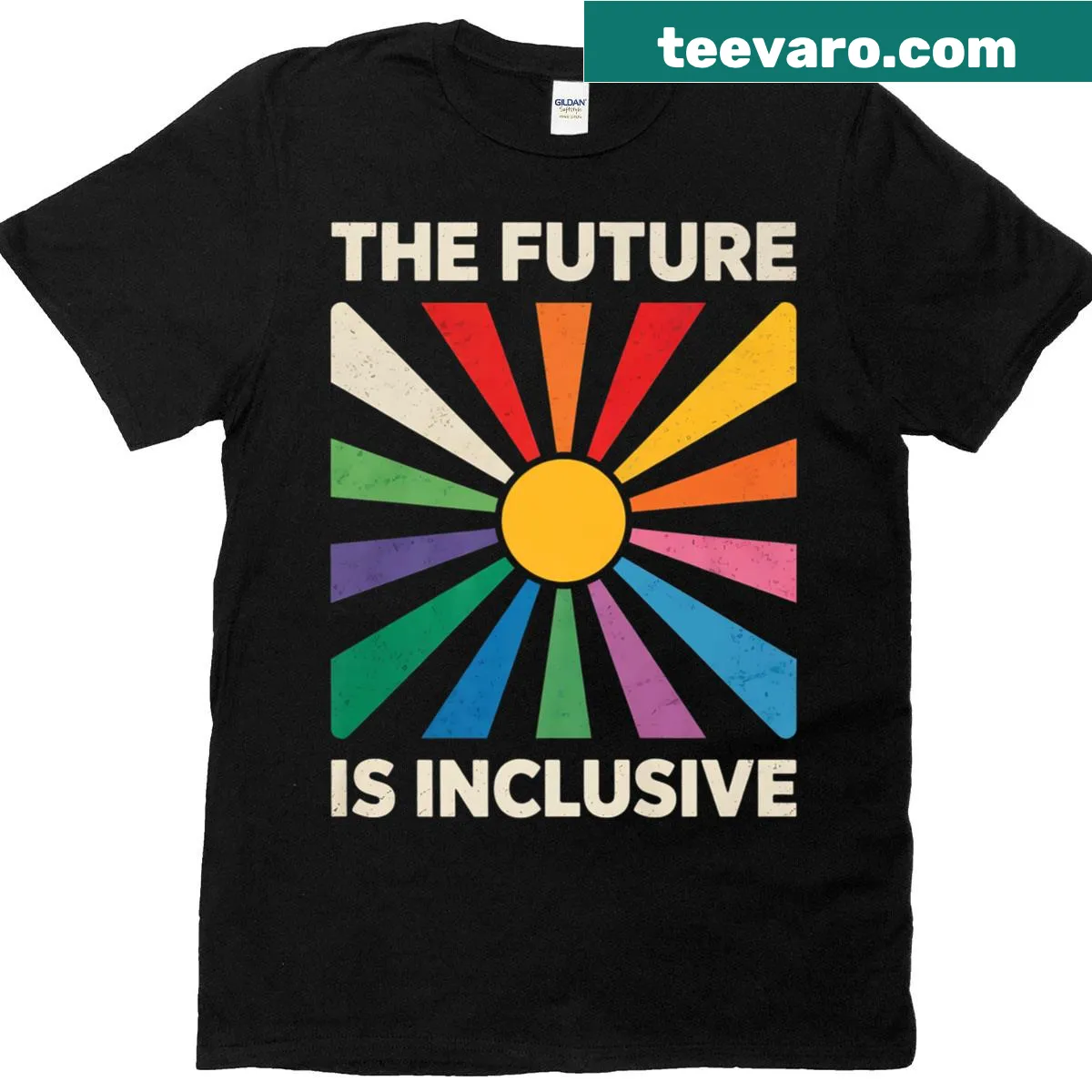 T-shirt with 'The Future Is Inclusive' text and rainbow design — on a men's t-shirt