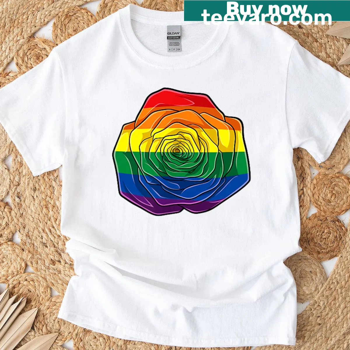 T-shirt featuring a rose and rainbow flag design for LGBTQ pride — on a men's t-shirt
