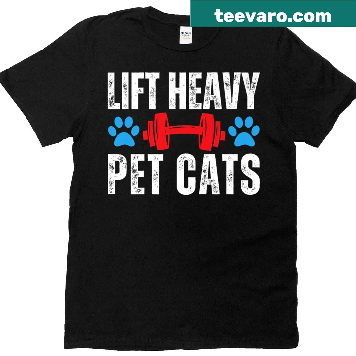 Humorous fitness t-shirt with 'Lift Heavy Pet Cats' slogan — on a men's t-shirt