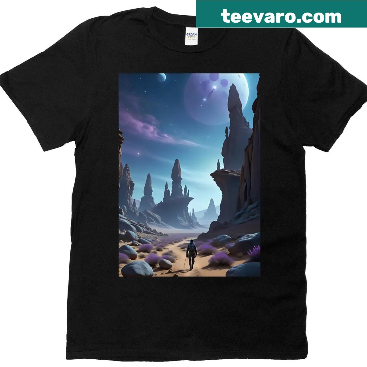 Illustration of an alien landscape with whimsical elements on a T-shirt. — on a men's t-shirt