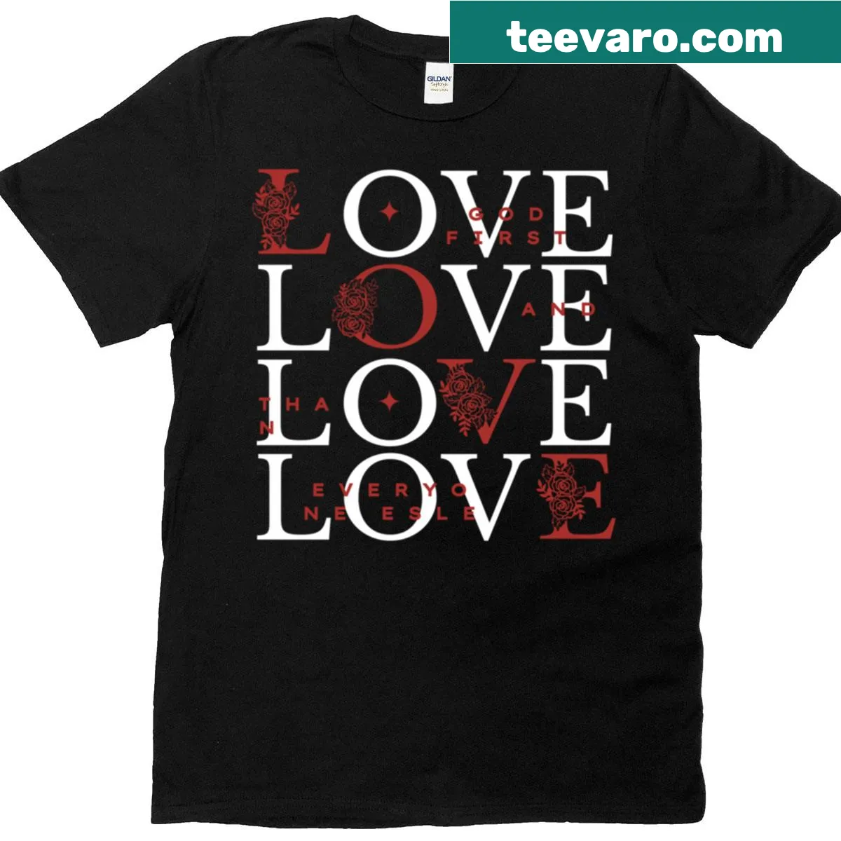 Floral typography design T-shirt with Love God First text — on a men's t-shirt