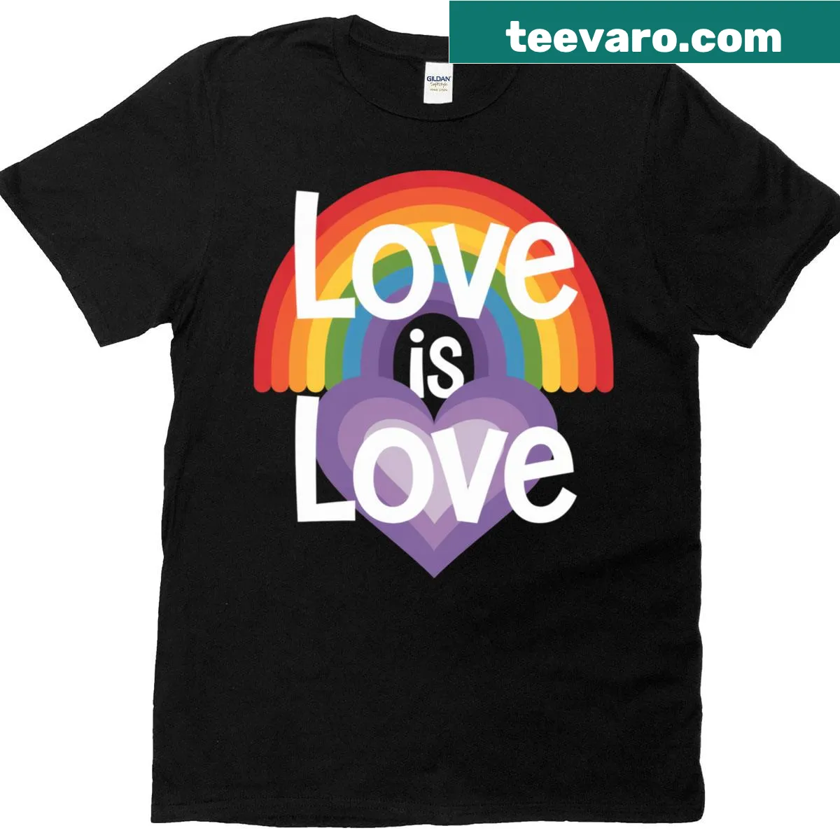 Rainbow typography T-shirt with the message 'Love Is Love'. — on a men's t-shirt