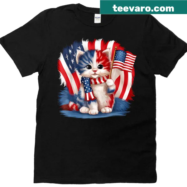 Patriotic cat graphic on T-shirt for Memorial Day and July 4th