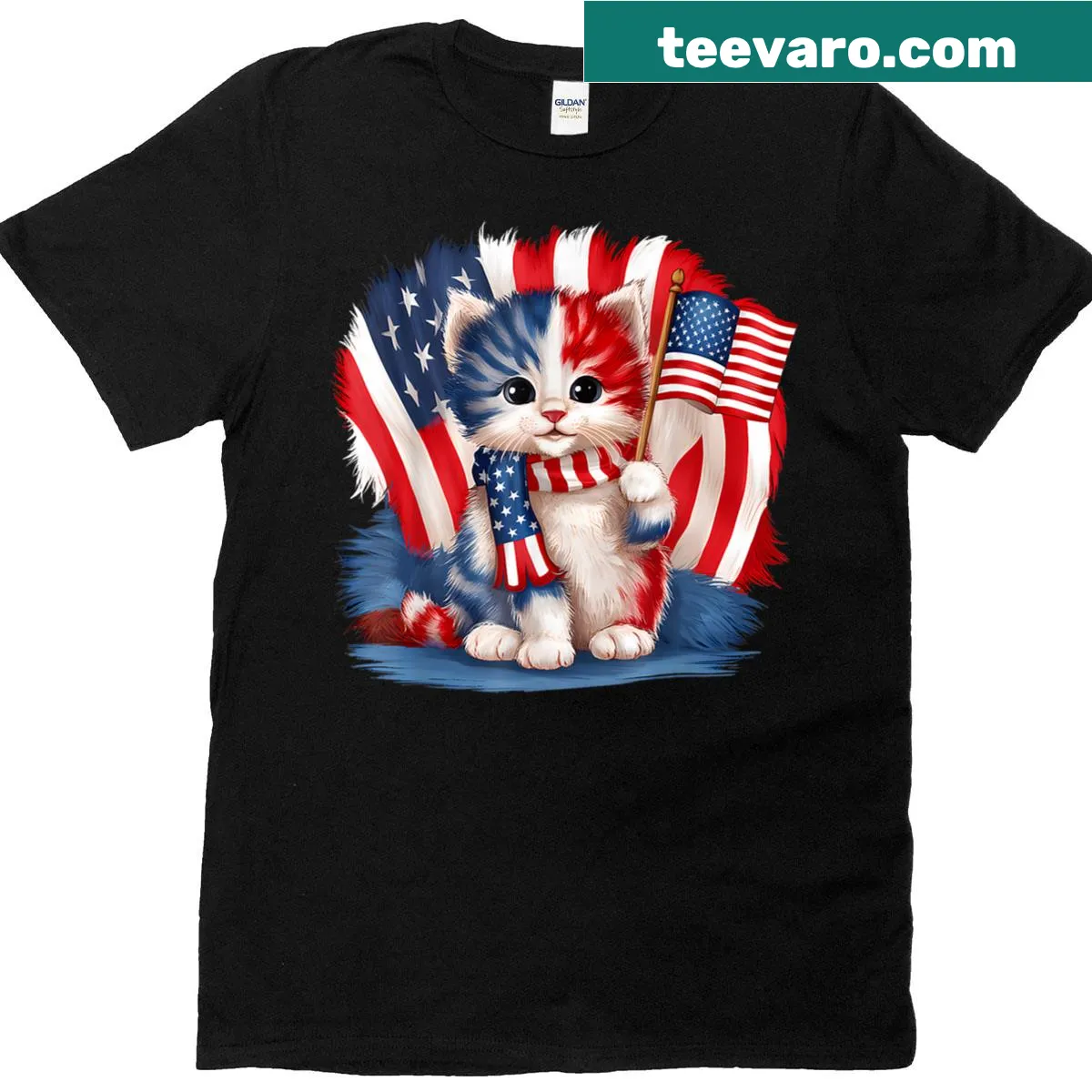 Patriotic cat graphic on T-shirt for Memorial Day and July 4th — on a men's t-shirt