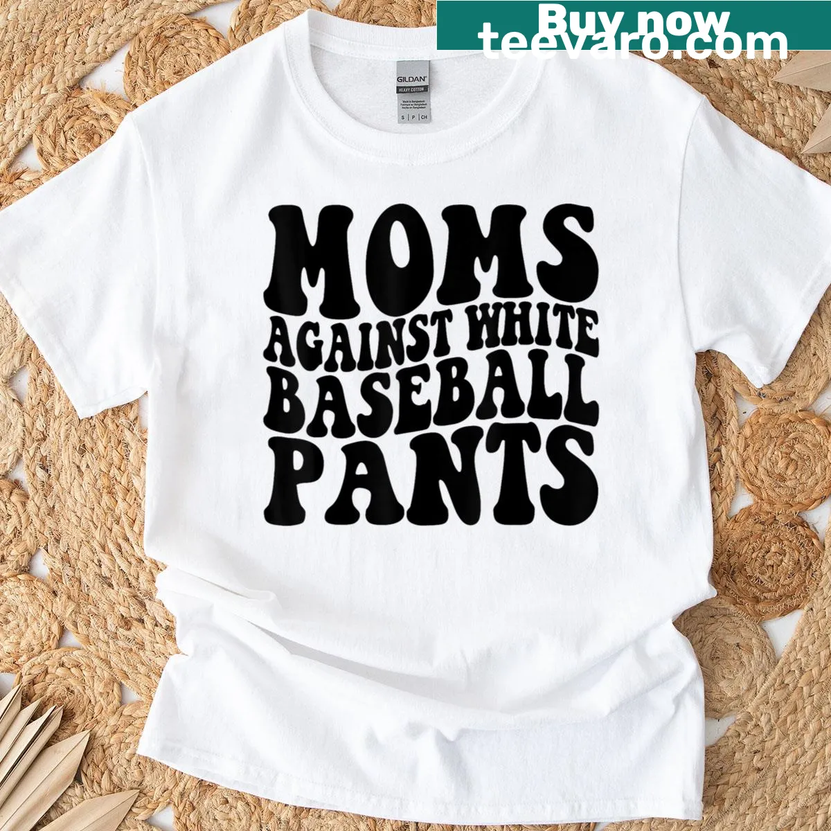Funny baseball mom t-shirt against white baseball pants. — on a men's t-shirt