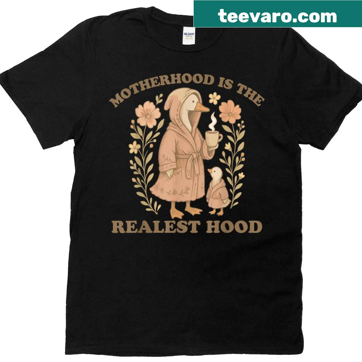 Goose Mom T-shirt with whimsical illustration and text — on a men's t-shirt