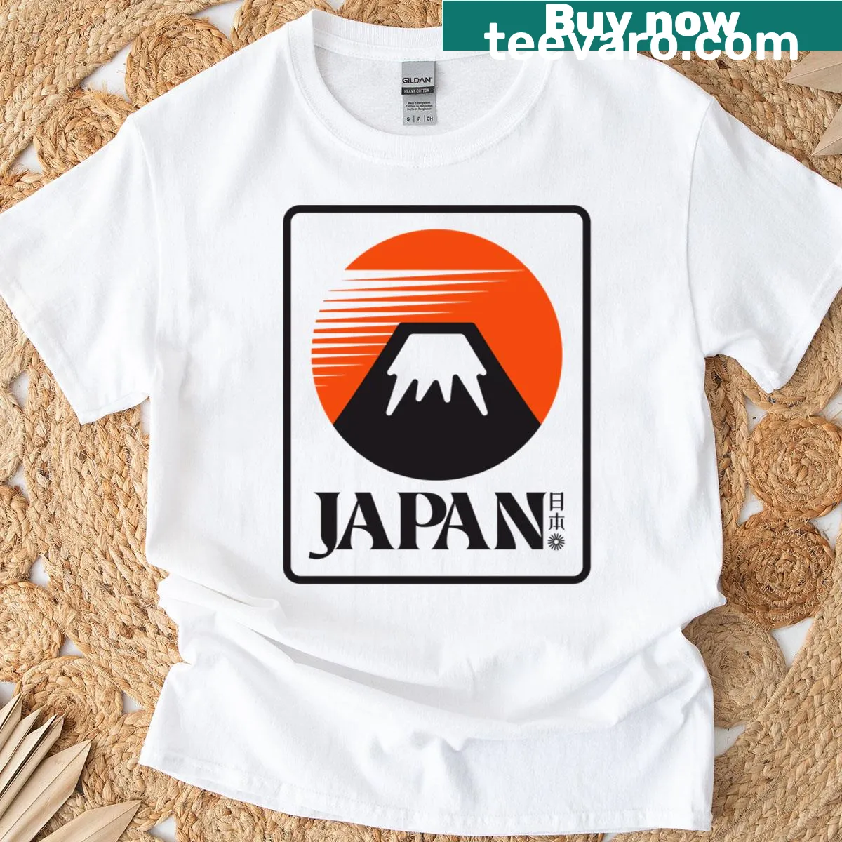 Illustration of Mt Fuji at dawn on a nature-themed t-shirt. — on a men's t-shirt