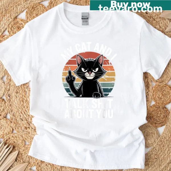 Funny cat-themed t-shirt with a humorous slogan about talking