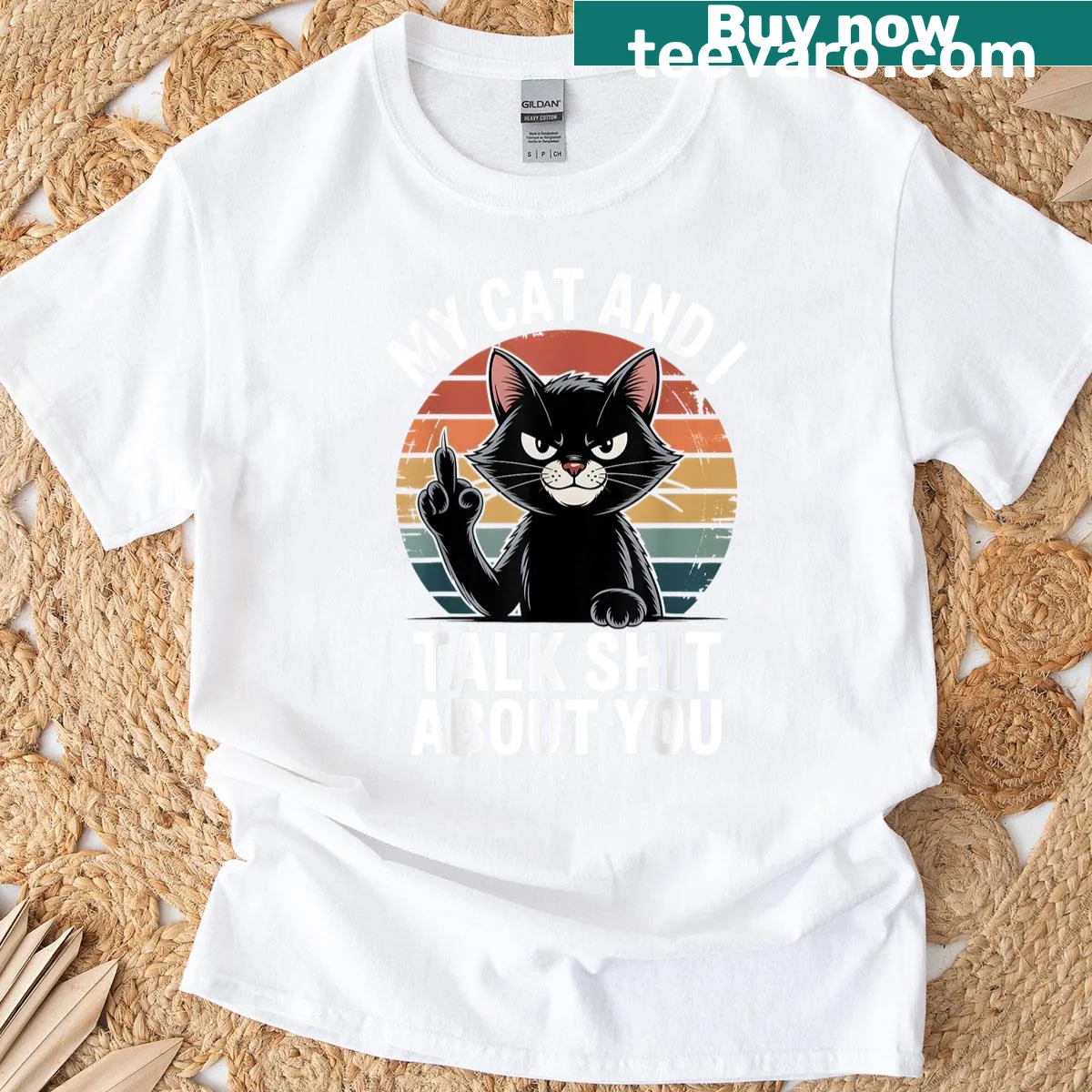 Funny cat-themed t-shirt with a humorous slogan about talking — on a men's t-shirt