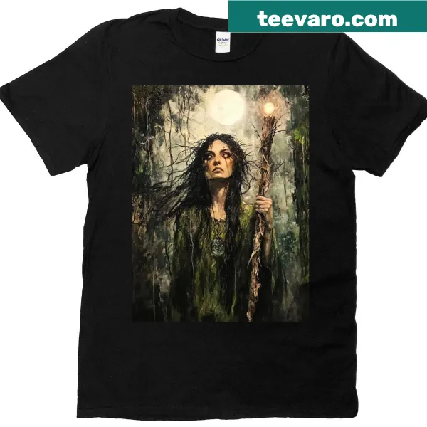 Fantasy graphic t-shirt with a mystical forest scene and a witch